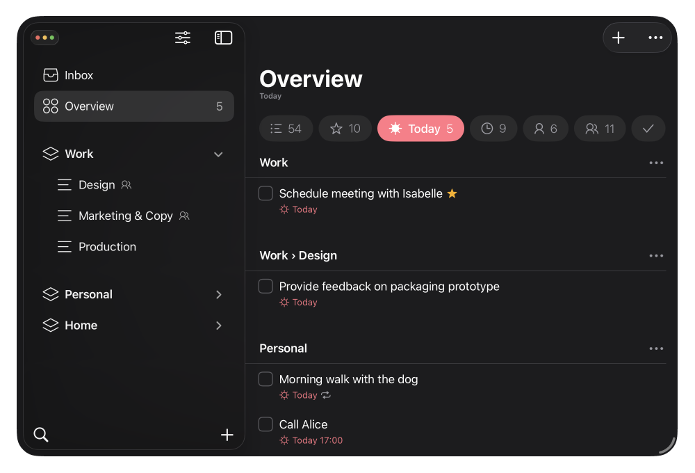 Lista showing an overview of all items for today