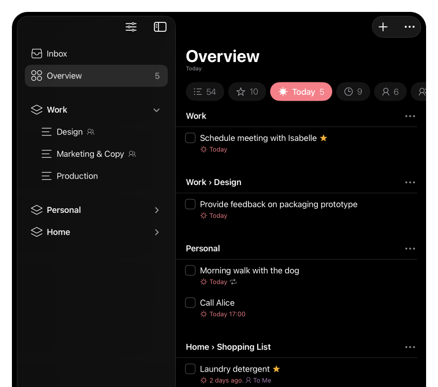 Lista showing an overview of all items for today