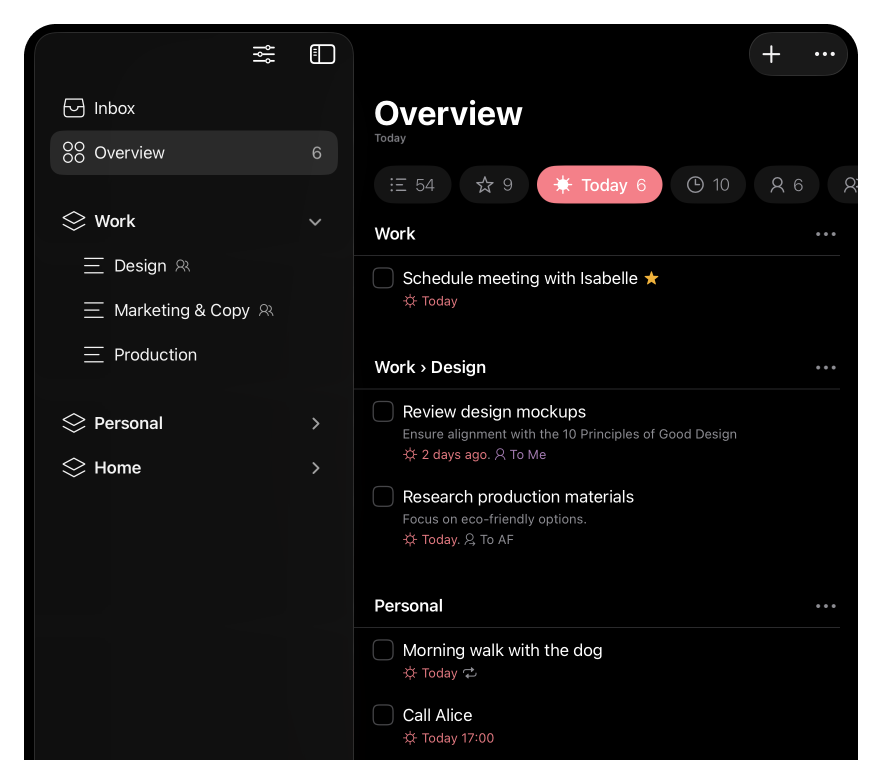 Lista showing an overview of all items for today