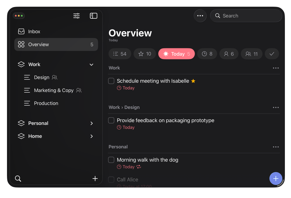 Lista showing an overview of all items for today