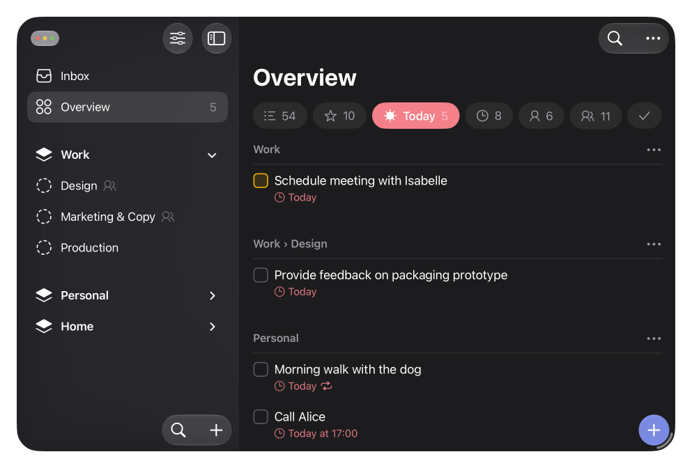 Lista showing an overview of all items for today