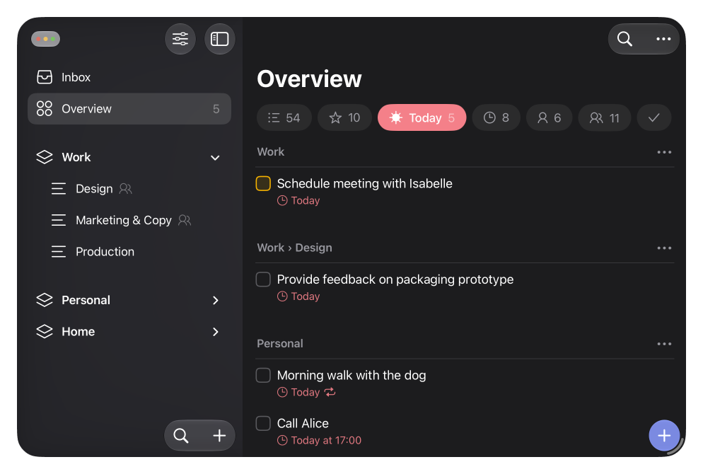 Lista showing an overview of all items for today