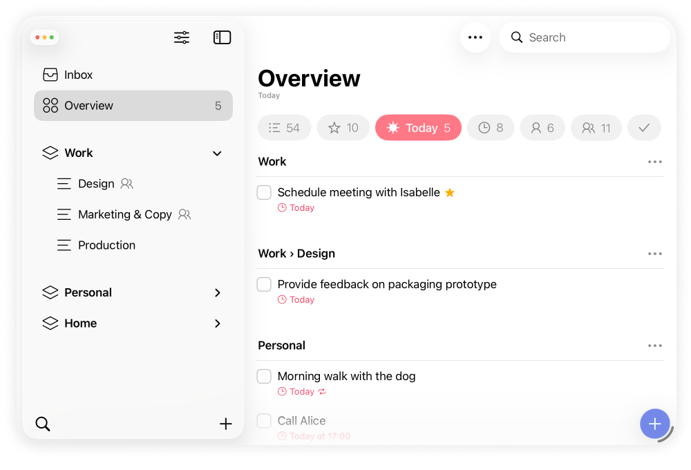 Lista showing an overview of all items for today