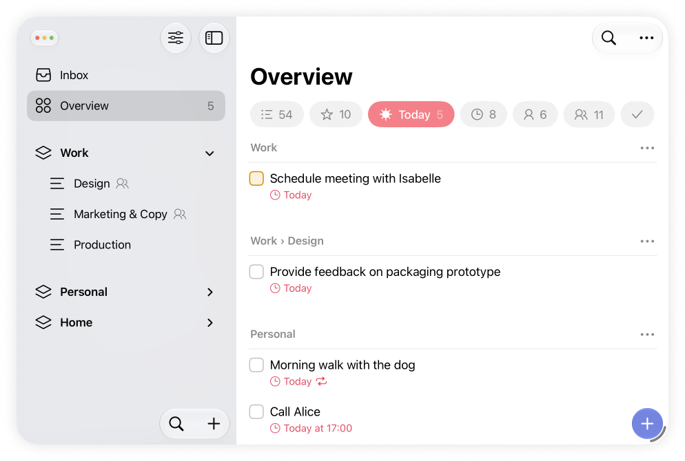 Lista showing an overview of all items for today
