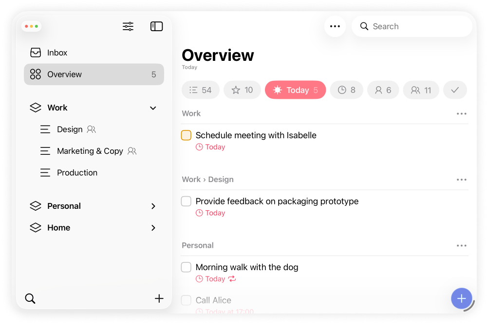 Lista showing an overview of all items for today