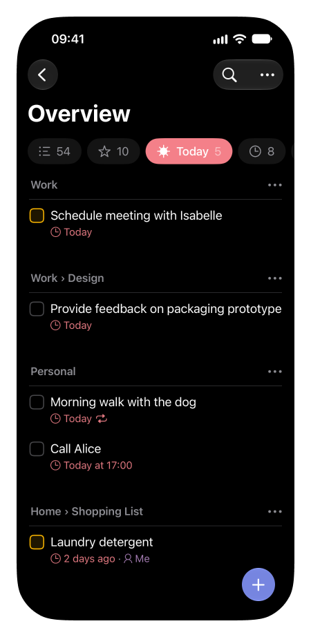 Lista showing an overview of all items for today