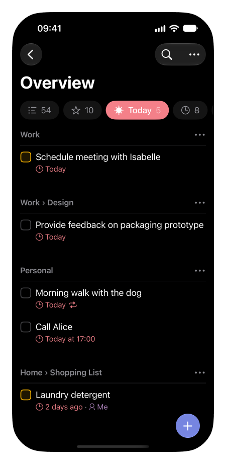 Lista showing an overview of all items for today