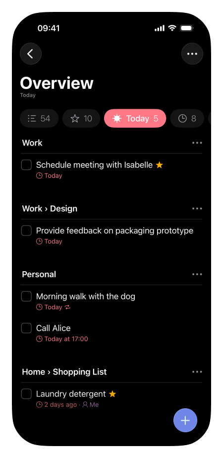 Lista showing an overview of all items for today