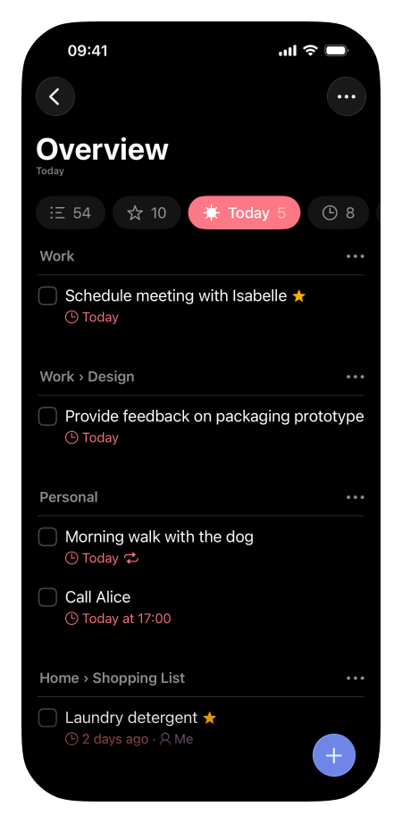 Lista showing an overview of all items for today