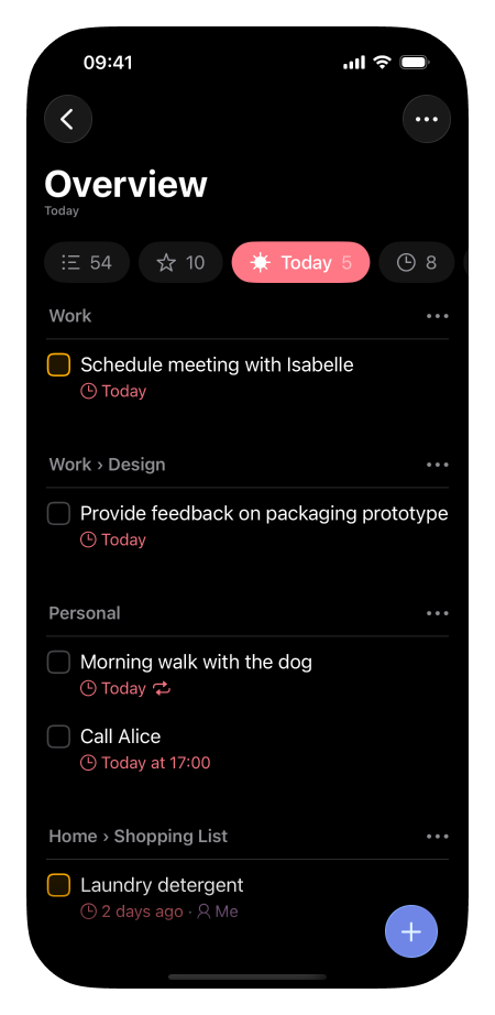 Lista showing an overview of all items for today