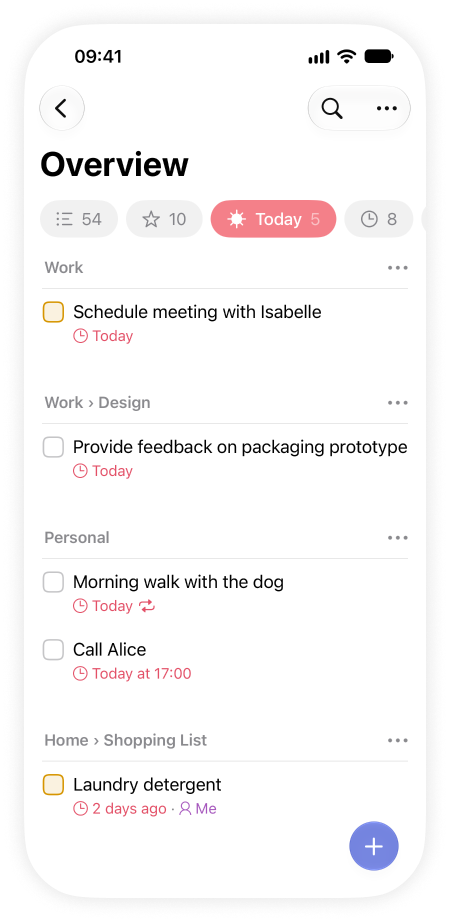 Lista showing an overview of all items for today