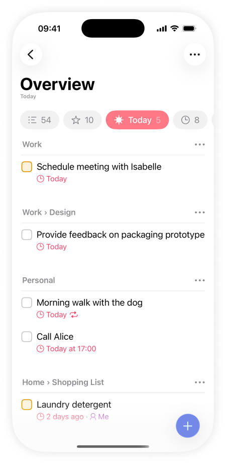Lista showing an overview of all items for today