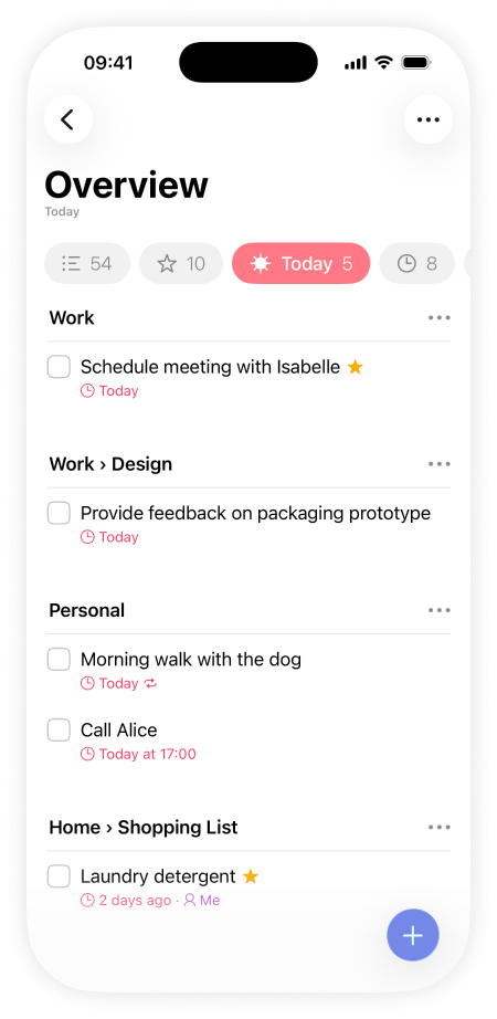 Lista showing an overview of all items for today