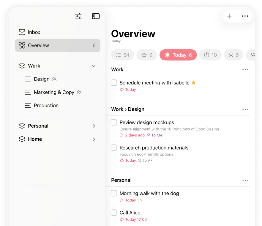 Lista showing an overview of all items for today