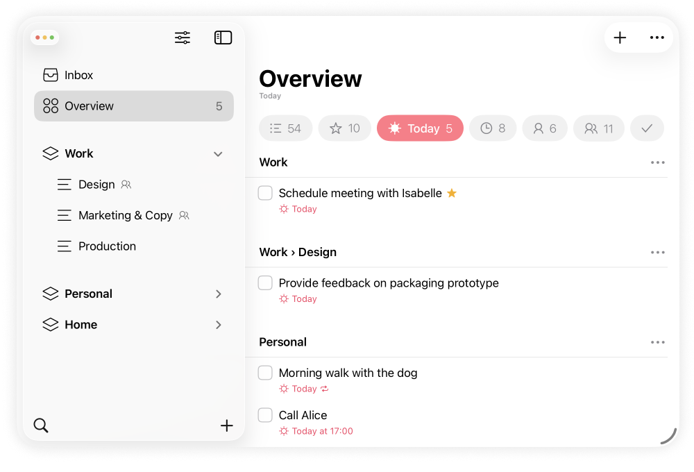 Lista showing an overview of all items for today