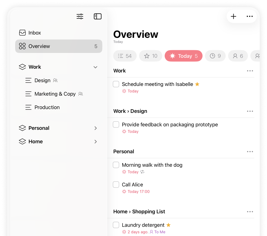 Lista showing an overview of all items for today