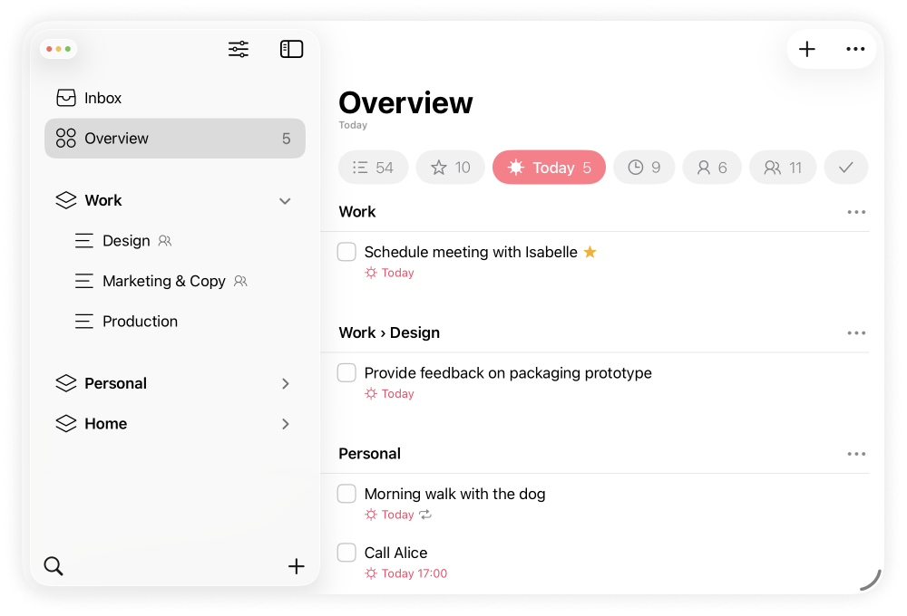 Lista showing an overview of all items for today